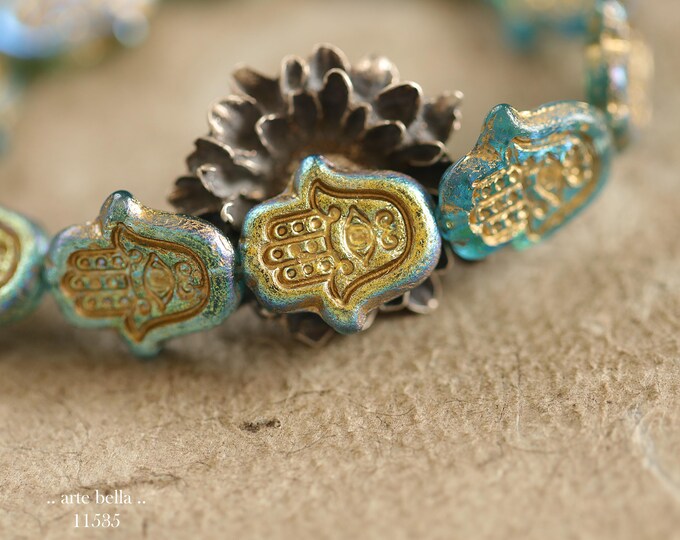 New .. MYSTIC SKY HAMSA Hands .. 10 Premium Czech Glass Hamsa Beads 15x10mm (11535-st) .. jewelry supplies