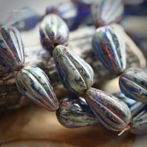 premium glass beads .. EARTHY COBALT MELON Drops No. 2 .. 10 Picasso Czech Glass Melon Drop Beads 13x8mm (9014-st) .. jewelry supplies