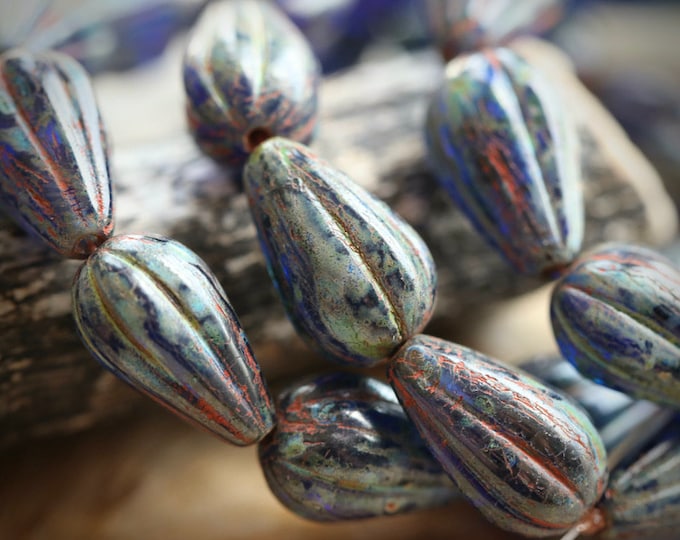 EARTHY COBALT MELON Drops No. 2 .. 10 Premium Picasso Czech Glass Melon Drop Beads 13x8mm (9014-st)