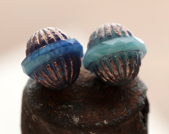 BRONZED CORNFLOWER GROOVES .. 4 Premium Metallic Picasso Czech Glass Saturn Beads 12x11mm (8341-4)