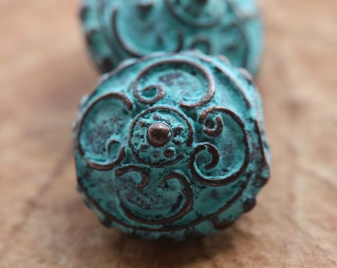 DECO BEADS No. 19 .. 4 Mykonos Greek Copper Patina Decorative Beads 15x12mm (M19-4)