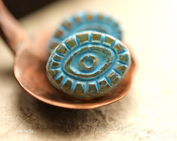 BLUE HONEY PEEPERS .. New 6 Premium Matte Picasso Czech Glass Mystic Eye Beads 14x11mm (10955-6) .. jewelry supplies