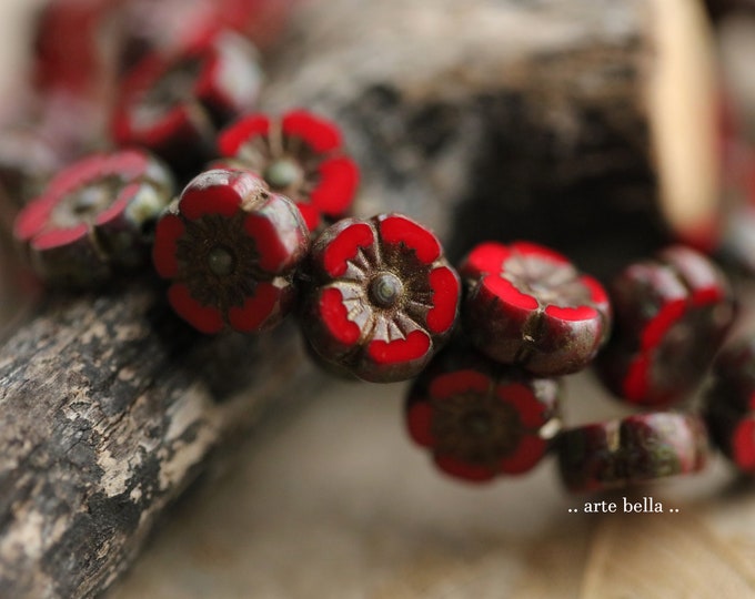 EARTHY SCARLET BLOOMS .. 16 Premium Picasso Czech Glass Hibiscus Flower Beads 10mm (9687-st)