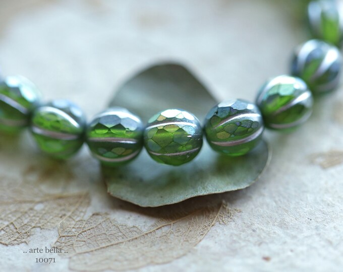 Silver MYSTIC PERIDOT GLITZ .. 20 Premium Matte Czech Glass Faceted Melon Beads 8mm (10071-st) .. jewelry supplies