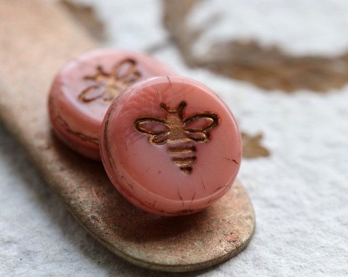 BRONZED PINK BIZZY B .. 6 Premium Czech Glass Bee Coin Beads 12mm (8475-6)