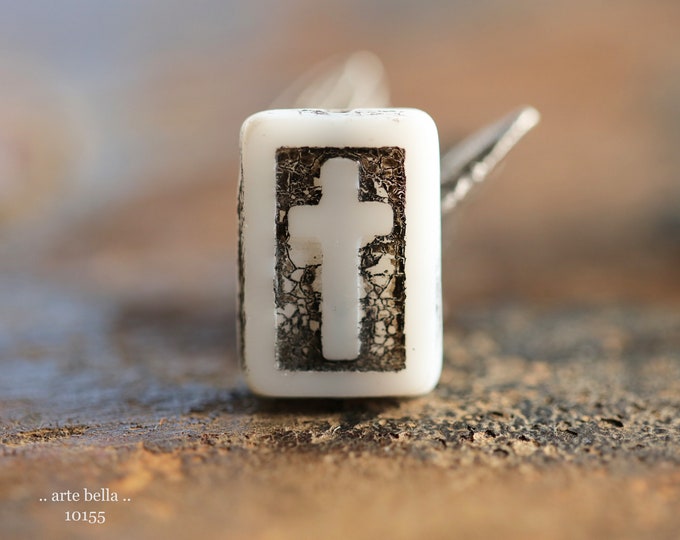 ESPRESSO WHITE CROSSES .. New 6 Premium Picasso Czech Glass Rectangle Cross Beads 17x12mm (10155-6)