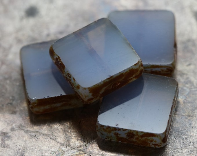 PERIWINKLE OPAL SQUARES .. 4 Premium Picasso Czech Glass Tile Square Beads 13x4mm (8056-4)