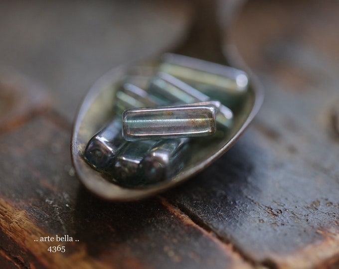 BLUE PINE STICKS .. 10 Premium Luster Picasso Czech Glass Rectangle Beads 15x5mm (4365-10) .. jewelry supplies