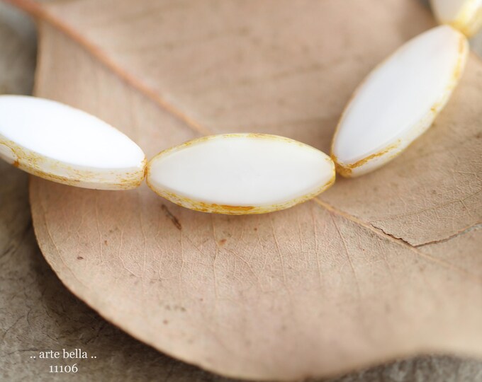 premium glass beads .. EARTHY WHITE PETALS .. New 10 Picasso Czech Glass Spindle Beads 20x9mm (11106-st) .. jewelry supplies