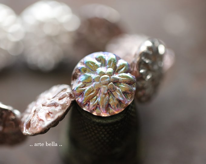 back in stock .. MYSTIC SILVER DAHLIAS Mix .. 10 Premium Czech Glass Dahlia Flower Beads 14mm (9782-st) .. jewelry supplies