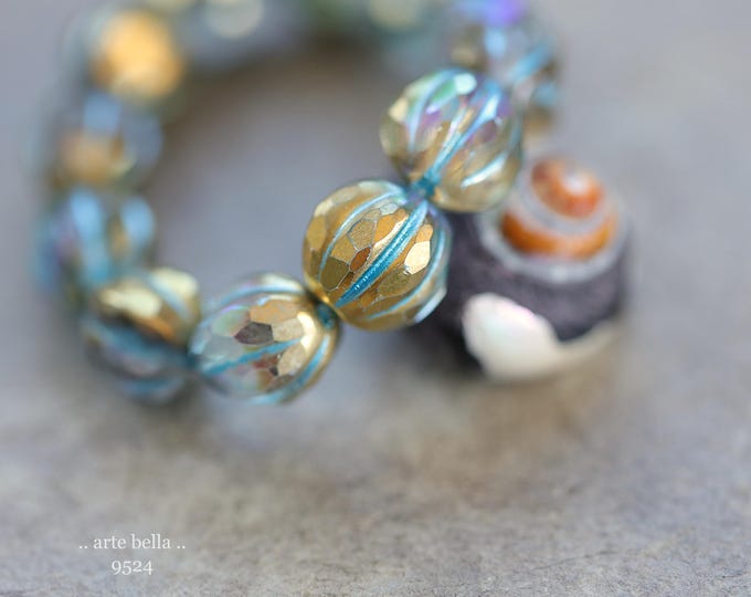 back in stock .. GOLDEN MYSTIC BLUE Glitz .. 12 Premium Czech Glass Faceted Melon Beads 10mm (9524-st) .. jewelry making supplies