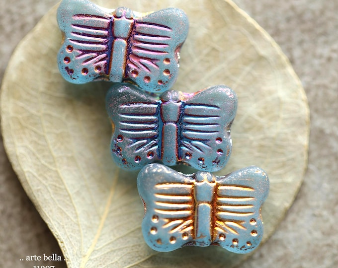 New .. MYSTIC TEAL FLUTTER Mix .. 10 Matte Premium Czech Glass Butterfly Beads 11x16mm (11397-st) .. jewelry supplies