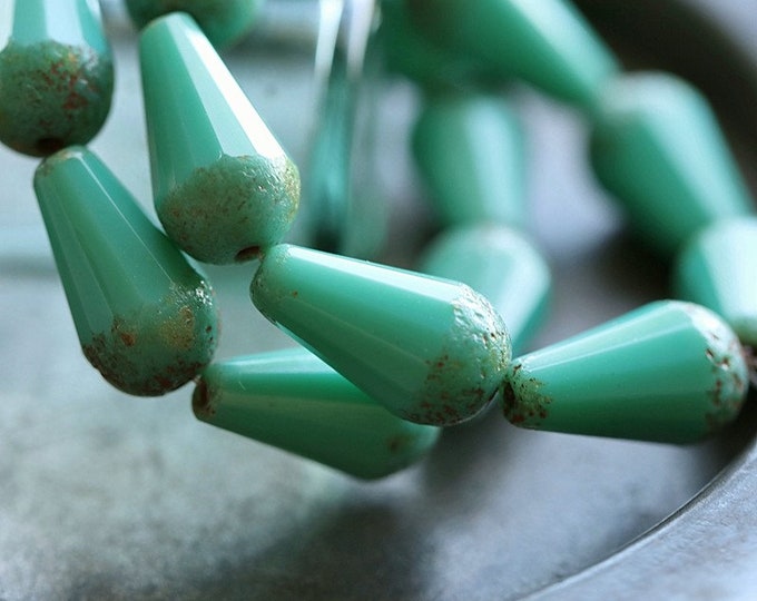 TURQUOISE FACETED CHUBETTES .. 8 Premium Etched Picasso Czech Glass Drop Beads 15x8mm (8822-8) .. jewelry supplies