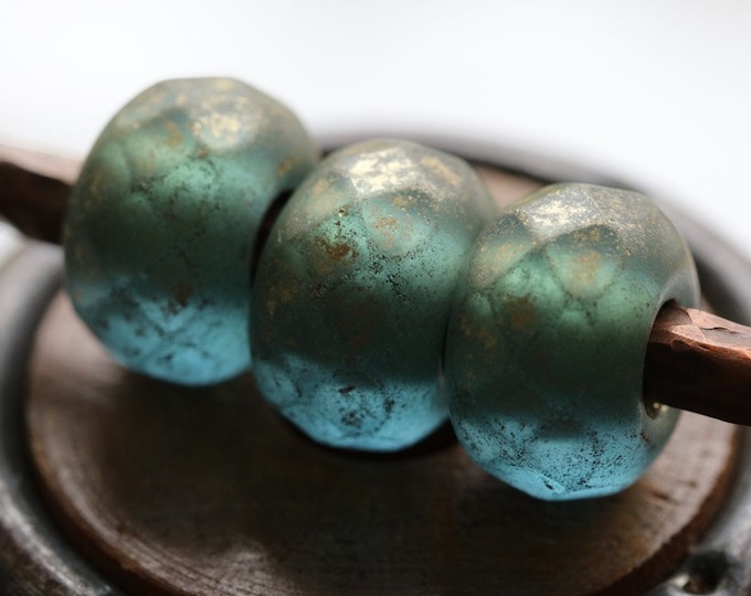 GOLDEN BEACH ROLLERS .. 6 Premium Etched Czech Glass Large Hole Roller Beads 8x12mm (8258-6)