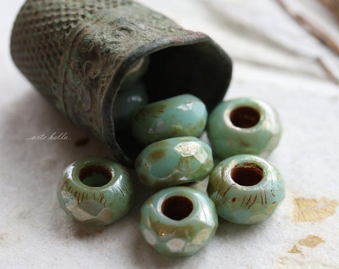 SILVERED CELADON ROLLERS .. 10 Premium Picasso Czech Glass Large Hole Roller Beads 6x9mm (5698-10)
