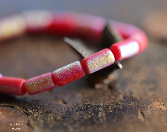 MYSTIC RUBY Bebe TUBES .. 16 Premium Czech Etched Glass Tube Beads 9x5mm (10340-st) .. jewelry supplies