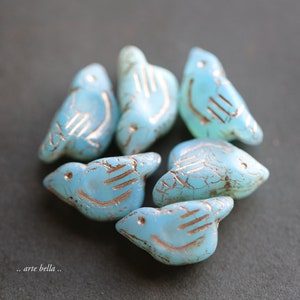 BLUSHING SKY CHIRPS .. 6 Premium Matte Czech Glass Bird Beads 11x22mm (9290-6)