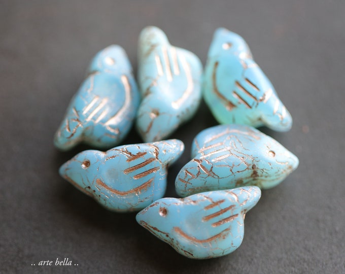 BLUSHING SKY CHIRPS .. 6 Premium Matte Czech Glass Bird Beads 11x22mm (9290-6) .. jewelry supplies
