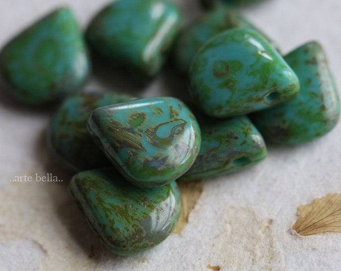 back in stock .. EARTHY TEAL BRIOLETTES .. 10 Premium Picasso Czech Glass Briolette Beads 12x11mm (7030-10) .. jewelry supplies