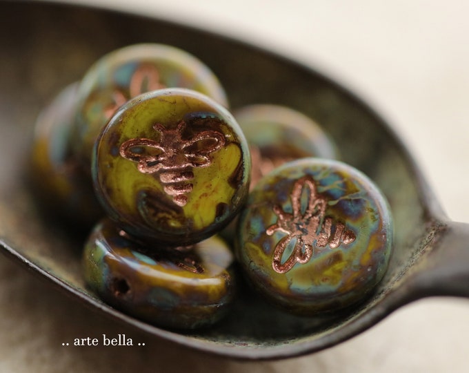 COPPERED LICHEN BIZZY B .. 6 Premium Picasso Czech Glass Bee Coin Beads 12mm (9932-6) .. jewelry supplies