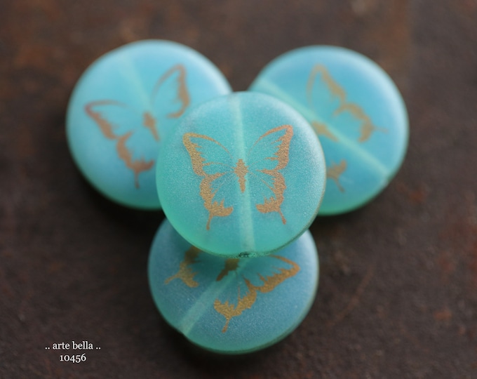LAGOON BUTTERFLY COINS .. 4 Premium Matte Czech Glass Laser Etched Butterfly Coin Bead Mix 17mm (10456-4) .. jewelry supplies