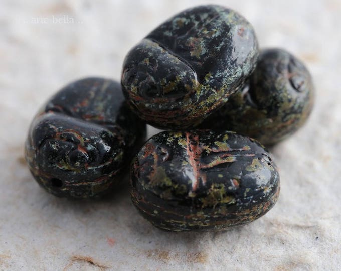 back in stock .. TWILIGHT SCARAB .. 6 Premium Picasso Czech Glass Scarab Beetle Beads 10x15mm (6042-6) .. jewelry supplies