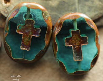 last ones .. BROWN AQUA CROSSES .. 2 Premium Picasso Czech Glass Oval Cross Bead Mix 25x19mm (11163-2) .. jewelry making supplies
