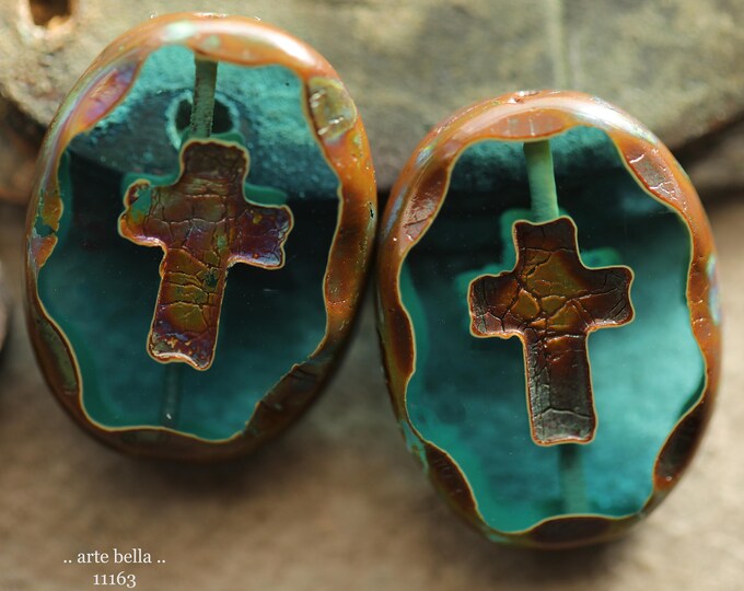 New .. BROWN AQUA CROSSES .. 2 Premium Picasso Czech Glass Oval Cross Bead Mix 25x19mm (11163-2) .. jewelry making supplies