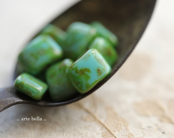 MOSSY TURQUOISE REX .. 10 Premium Picasso Czech Glass Rectangle Beads 11x8mm (9487-10) .. jewelry supplies