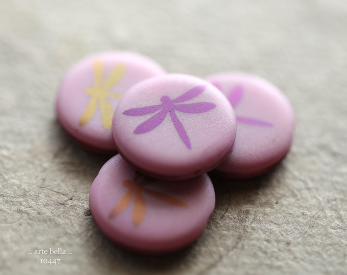 PINK DRAGONFLY COINS .. 4 Premium Matte Czech Glass Laser Etched Dragonfly Coin Bead Mix 17mm (10447-4) .. jewelry supplies
