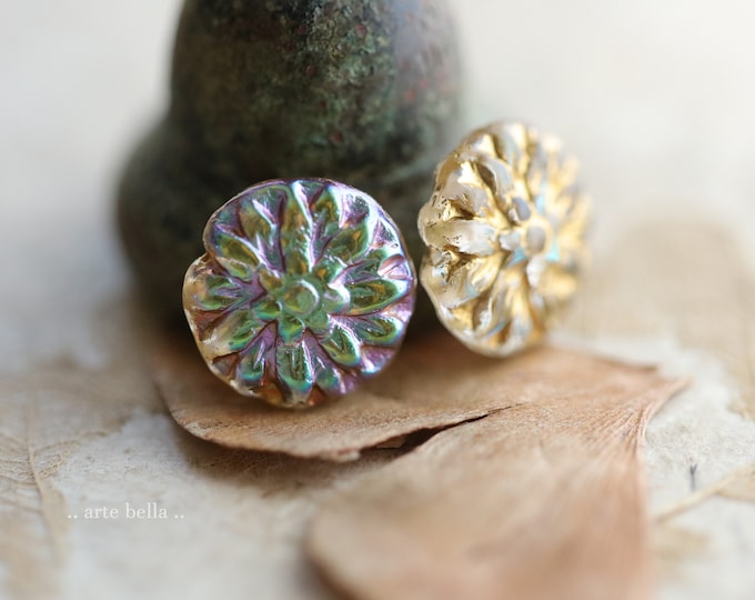 GOLDEN RAINBOW DAHLIAS .. 10 Premium Czech Glass Dahlia Flower Beads 14mm (9511-st) .. jewelry supplies