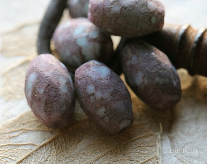 PLUM BLUE OLIVES .. 6 Premium Etched Picasso Czech Glass Faceted Oval Beads 12x8mm (8588-6) .. jewelry supplies