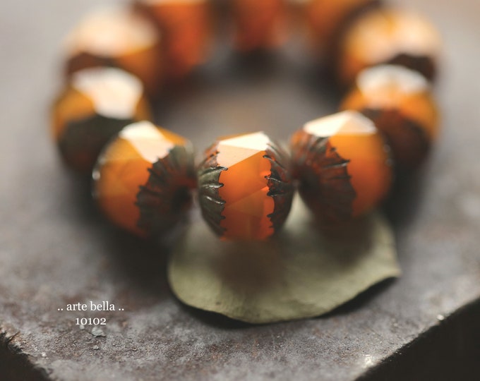 EARTHY ORANGE CHUBS .. 10 Premium Picasso Czech Glass Faceted Cruller Beads 10x10mm (10102-st)