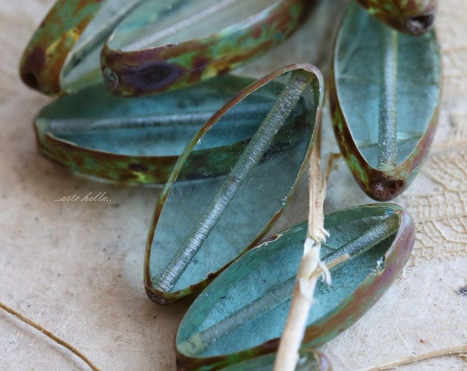back in stock .. EARTHY AQUA PETALS .. 10 Premium Picasso Rustic Czech Glass Spindle Beads 7x18mm (5339-st) .. jewelry supplies