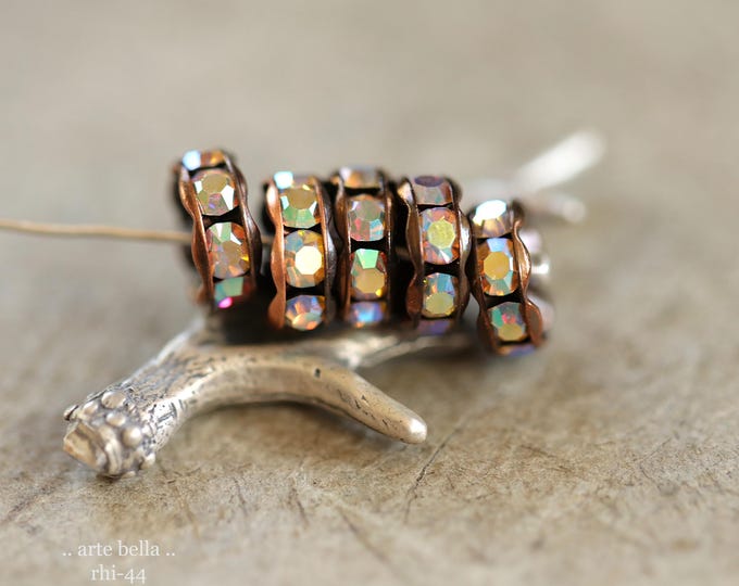 NEW .. 12 Premium Czech 8mm Antique Copper Metal AB Crystal Rhinestone Rondelles (rhi-44/12) .. jewelry making supplies