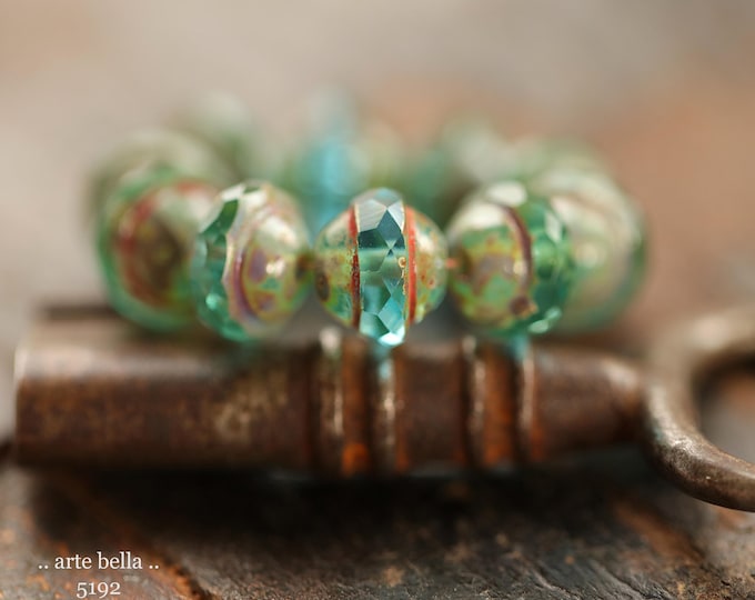 back in stock .. EARTHY AQUA BLISS .. 10 Premium Picasso Czech Glass Saturn Beads 8x10mm (5192-st) .. jewelry making supplies