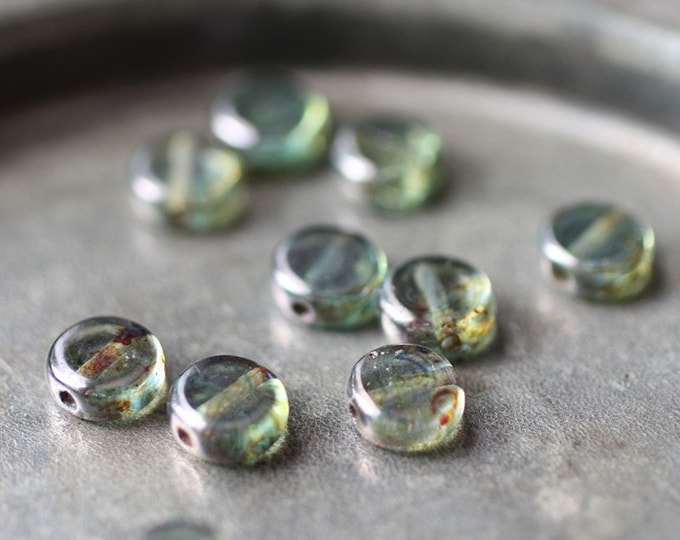 PINE MOSS BUTTONS .. 30 Premium Picasso Czech Glass Button Coin Beads 6mm (1829-30) .. jewelry supplies