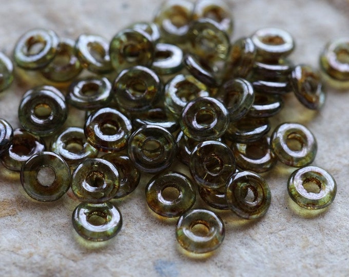 PINE O RINGS .. 100 Premium Picasso Czech Glass O Ring Beads 4x1mm (7247-100)