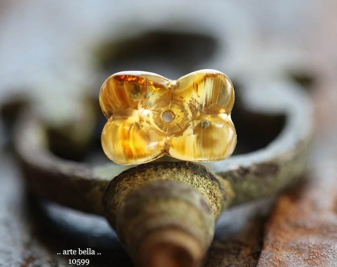 GOLDEN HONEY BELLS .. 4 Premium Czech Glass Bell Flower Beads 11x9x13mm (10599-4) .. jewelry supplies