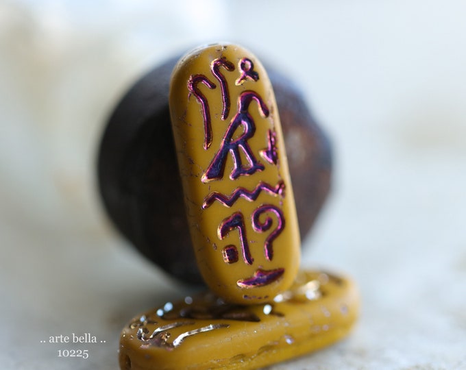 MYSTIC MUSTARD EGYPTIAN Cartouche .. 6 Premium Matte Czech Glass Tablet Beads 25x10mm (10225-st)