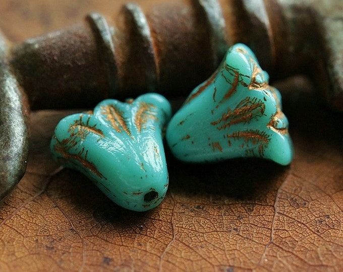 BRONZED TURQUOISE TULIPS .. 10 Premium Czech Glass Lily Flower Beads 9x10mm (8529-10)