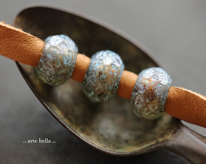 back in stock .. BLUE HONEY ROLLERS .. 6 Etched Picasso Czech Glass Large Hole Roller Beads 8x12mm (9803-6) .. jewelry supplies