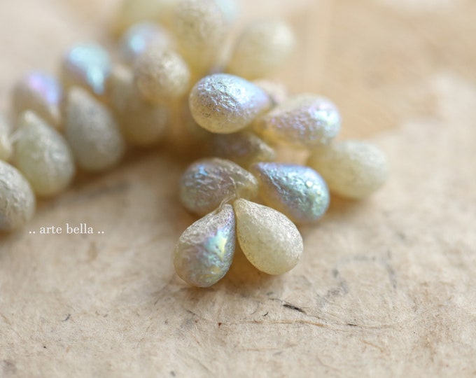 MYSTIC SNOW DROPS .. 25 Premium Etched Czech Glass Drop Beads 6x9mm (9519-st) .. jewelry supplies