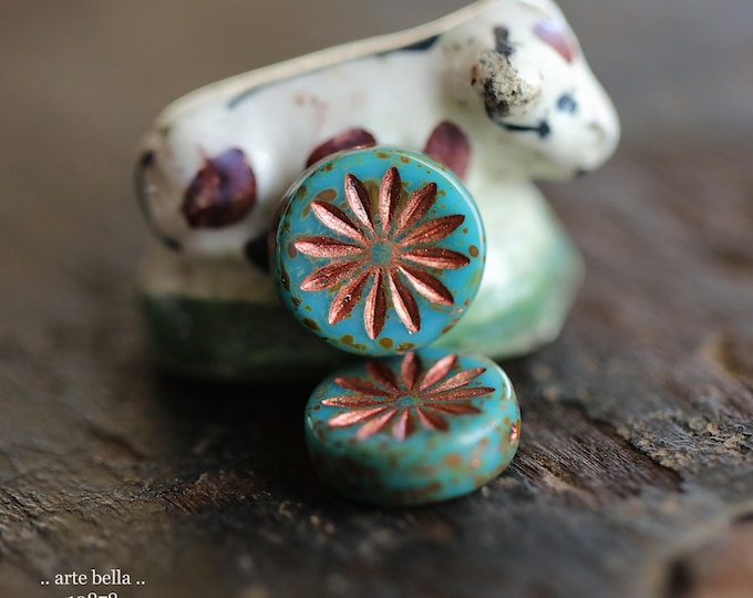 COPPERED CERULEAN ASTER .. 6 Premium Picasso Czech Glass Flower Coin Beads 12mm (10878-6) .. jewelry supplies