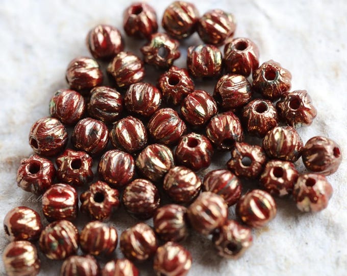 GILDED RED MELONS .. 100 Premium Luster Picasso Czech Glass Melon Beads 3mm (5776-st)