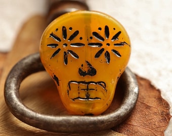 Czech Glass Beads 4pcs - 5869 Sugar Skull Beads Skull Beads 15x13mm Voodoo Beads Picasso Beads