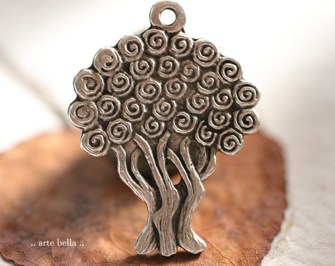 ANTIQUE PEWTER TREE .. 1 Mykonos Greek Tree of Life Pendant 39x30mm (M281-1) .. jewelry supplies