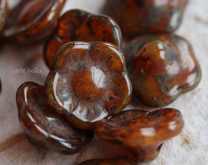 AUTUMN BUTTON BLOOMS .. 10 Premium Picasso Czech Glass Flower Button Beads 12x6mm (7235-10)