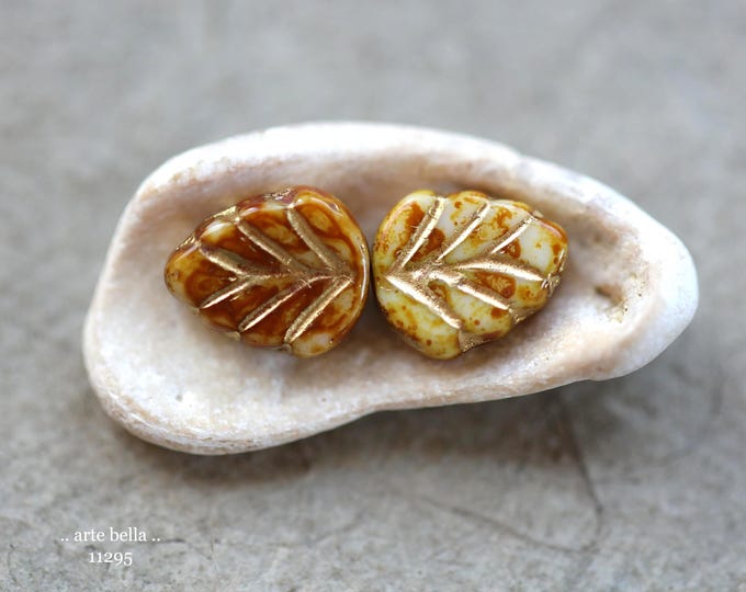 New .. GOLDEN CARAMEL LEAVES .. 10 Premium Picasso Czech Glass Petite Leaf Bead Mix 10x8mm (11295-10) .. jewelry making supplies