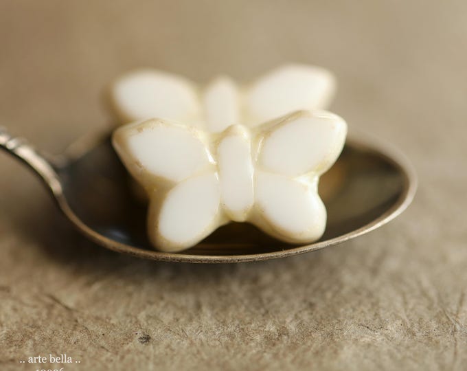 PEARLY WHITE FLUTTERS .. New 4 Premium Picasso Czech Glass Butterfly Beads 19x11mm (10926-4) .. jewelry supplies